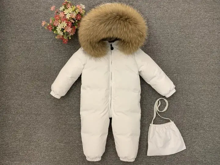 -30°C Infant Snowsuit with Real Fur Collar – Thick Duck Down Filling for Ultimate Warmth, Winter Down Romper for Toddler Boys and Girls