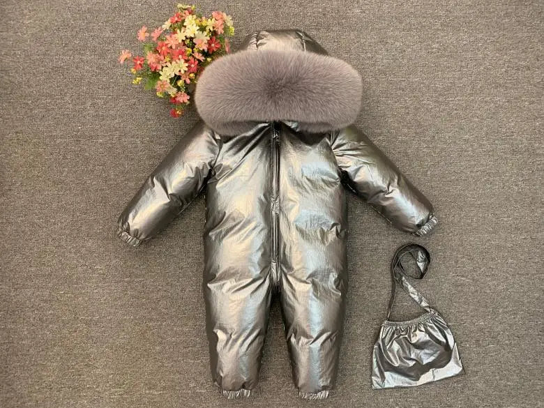 -30°C Infant Snowsuit with Real Fur Collar – Thick Duck Down Filling for Ultimate Warmth, Winter Down Romper for Toddler Boys and Girls