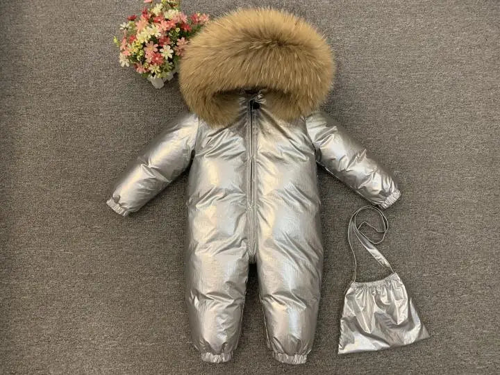 -30°C Infant Snowsuit with Real Fur Collar – Thick Duck Down Filling for Ultimate Warmth, Winter Down Romper for Toddler Boys and Girls