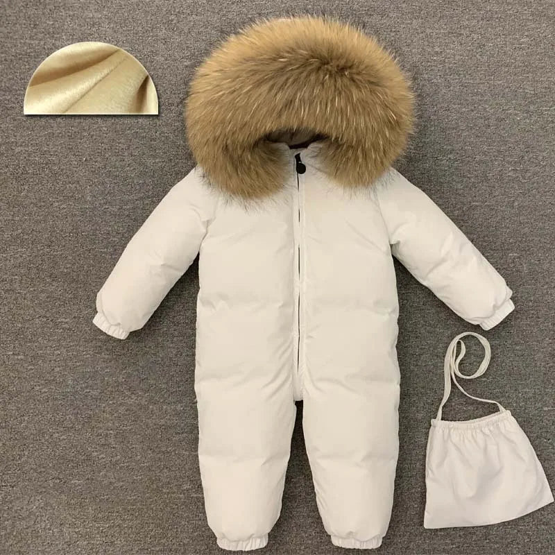 -30°C Infant Snowsuit with Real Fur Collar – Thick Duck Down Filling for Ultimate Warmth, Winter Down Romper for Toddler Boys and Girls