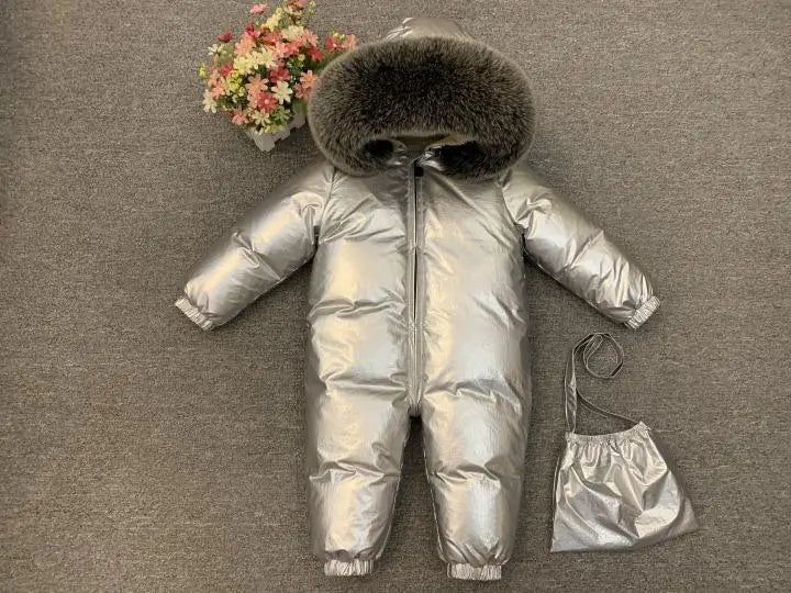 -30°C Infant Snowsuit with Real Fur Collar – Thick Duck Down Filling for Ultimate Warmth, Winter Down Romper for Toddler Boys and Girls