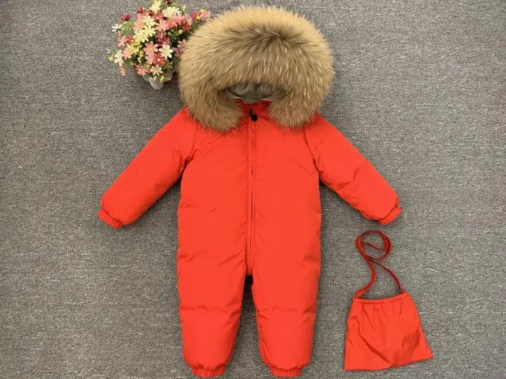 -30°C Infant Snowsuit with Real Fur Collar – Thick Duck Down Filling for Ultimate Warmth, Winter Down Romper for Toddler Boys and Girls