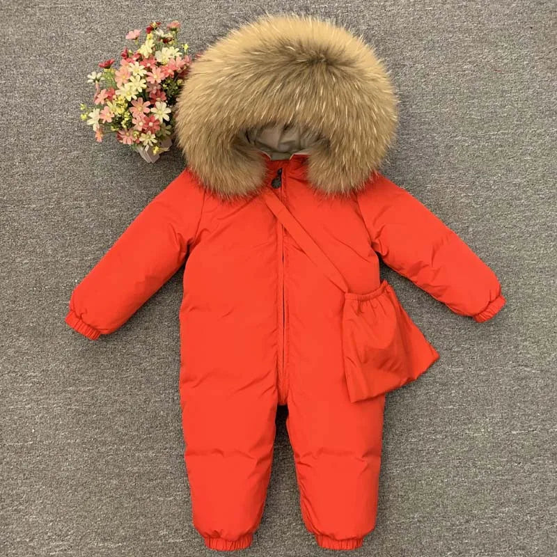 -30°C Infant Snowsuit with Real Fur Collar – Thick Duck Down Filling for Ultimate Warmth, Winter Down Romper for Toddler Boys and Girls