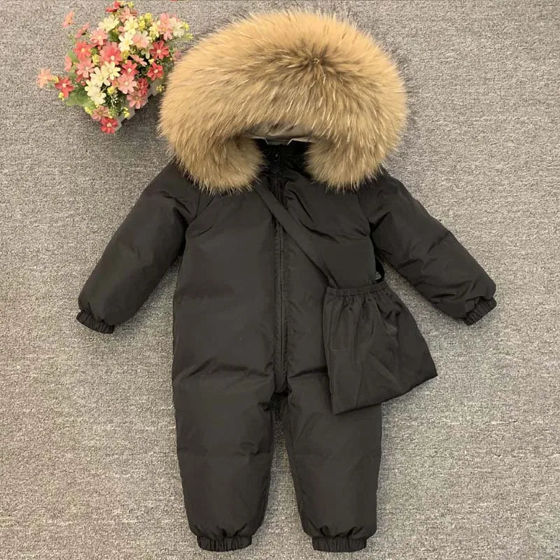 -30°C Infant Snowsuit with Real Fur Collar – Thick Duck Down Filling for Ultimate Warmth, Winter Down Romper for Toddler Boys and Girls