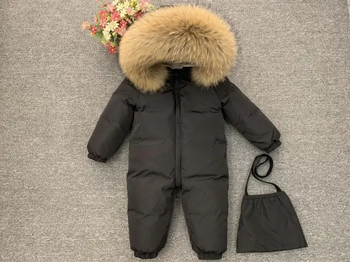 -30°C Infant Snowsuit with Real Fur Collar – Thick Duck Down Filling for Ultimate Warmth, Winter Down Romper for Toddler Boys and Girls