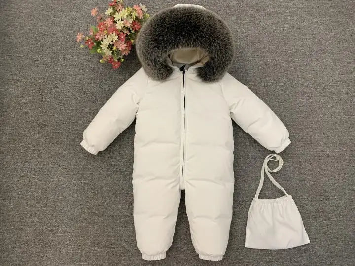 -30°C Infant Snowsuit with Real Fur Collar – Thick Duck Down Filling for Ultimate Warmth, Winter Down Romper for Toddler Boys and Girls