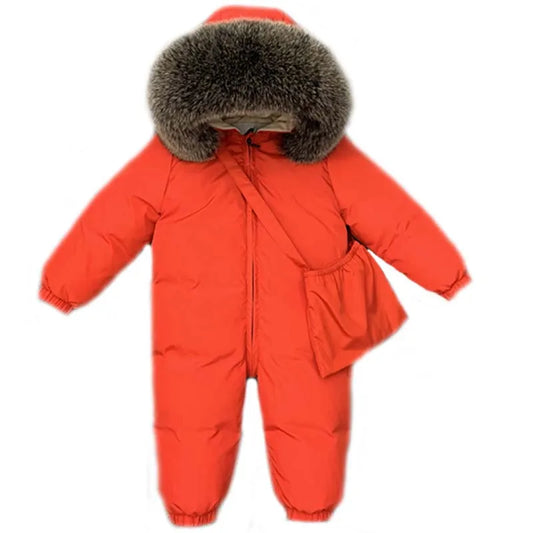 -30°C Infant Snowsuit with Real Fur Collar – Thick Duck Down Filling for Ultimate Warmth, Winter Down Romper for Toddler Boys and Girls