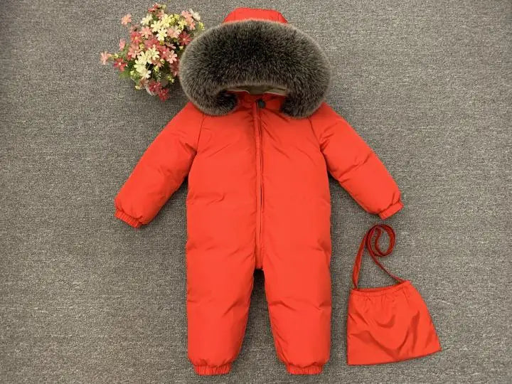 -30°C Infant Snowsuit with Real Fur Collar – Thick Duck Down Filling for Ultimate Warmth, Winter Down Romper for Toddler Boys and Girls