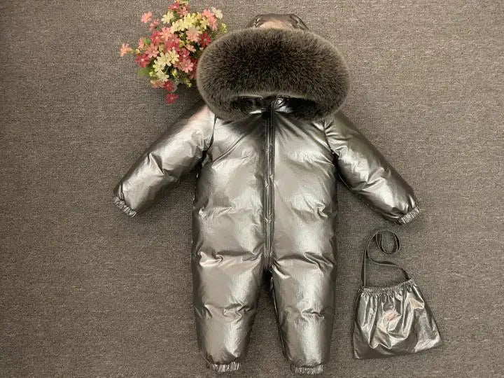 -30°C Infant Snowsuit with Real Fur Collar – Thick Duck Down Filling for Ultimate Warmth, Winter Down Romper for Toddler Boys and Girls