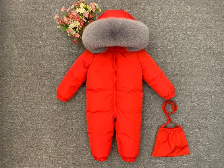 -30°C Infant Snowsuit with Real Fur Collar – Thick Duck Down Filling for Ultimate Warmth, Winter Down Romper for Toddler Boys and Girls