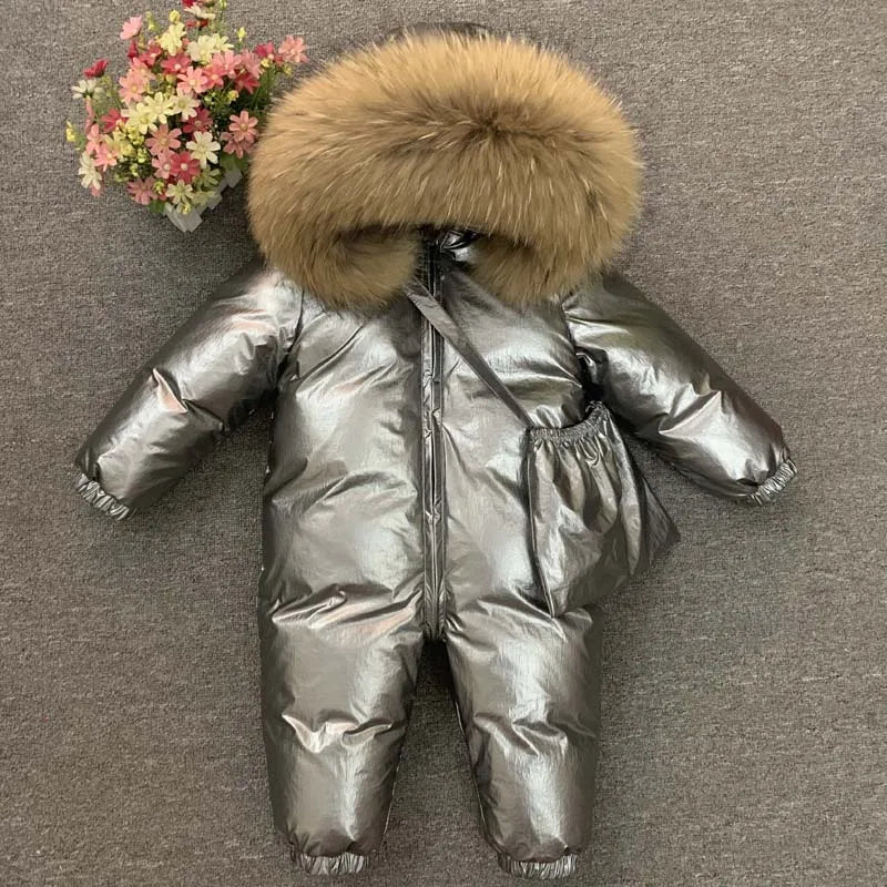 -30°C Infant Snowsuit with Real Fur Collar – Thick Duck Down Filling for Ultimate Warmth, Winter Down Romper for Toddler Boys and Girls