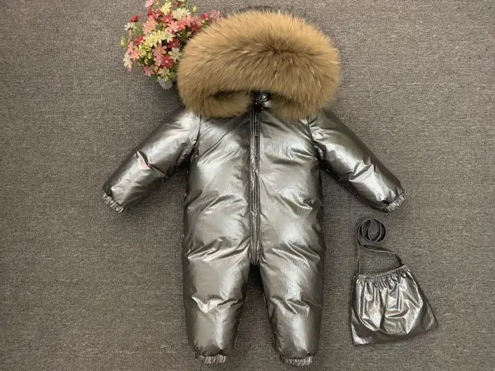 -30°C Infant Snowsuit with Real Fur Collar – Thick Duck Down Filling for Ultimate Warmth, Winter Down Romper for Toddler Boys and Girls