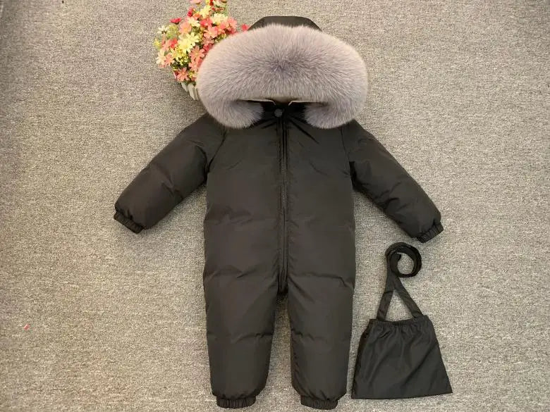 -30°C Infant Snowsuit with Real Fur Collar – Thick Duck Down Filling for Ultimate Warmth, Winter Down Romper for Toddler Boys and Girls