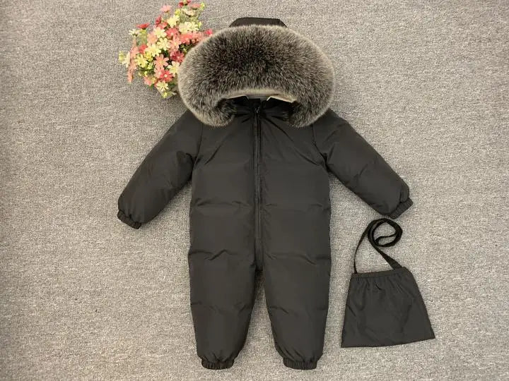 -30°C Infant Snowsuit with Real Fur Collar – Thick Duck Down Filling for Ultimate Warmth, Winter Down Romper for Toddler Boys and Girls