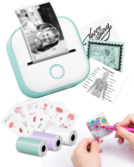 Memoking T02 Mini Portable Printer – Compact Sticker Printing Machine with 3 Rolls of Paper, Ideal for Photos, Journals, DIY Projects, and Study Notes.