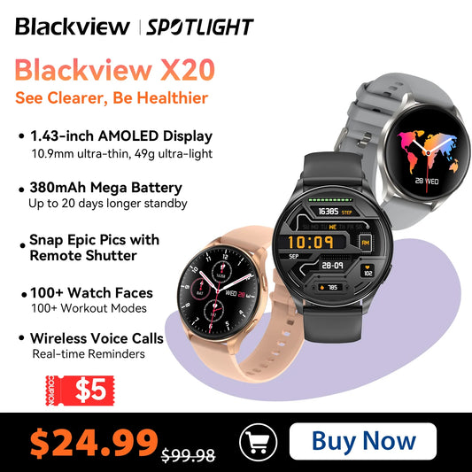 Blackview X20 Smartwatch (2024) | AMOLED Display, Hi-Fi Bluetooth Calls, Health & Fitness Tracker | World Premiere